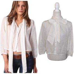 Elizabeth and James Maddie White Tie Neck Pussycat Crop Poplin Button Down - M